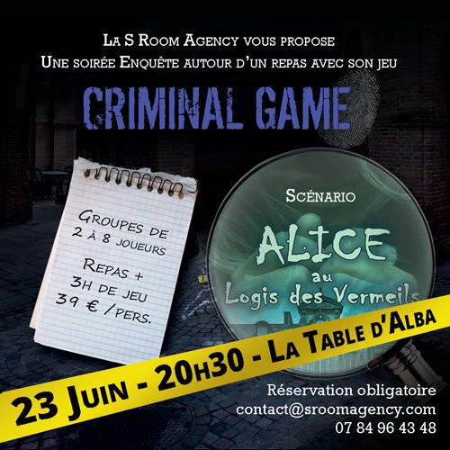 Visuel Murder Party Alice Au Logis des Vermeils 23 juin - Escape Game S Room Agency